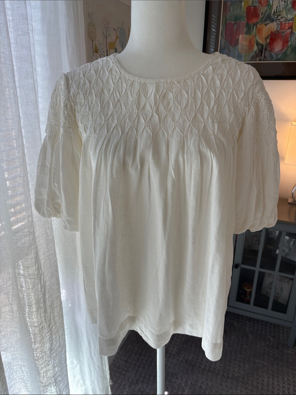 Anthropologie Cream Linen Smocked Yoke Puff Sleeve Blouse
